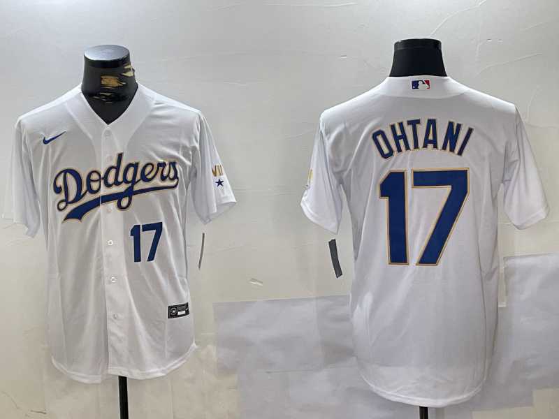 Men%27s Los Angeles Dodgers #17 Shohei Ohtani Number White Gold Championship Stitched Cool Base Nike Jerseys->los angeles dodgers->MLB Jersey